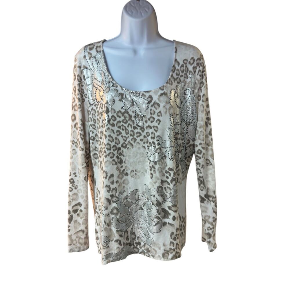 Cache Leopard Print Embroidered Metallic Long Sleeve Scoop Neck Top XL
